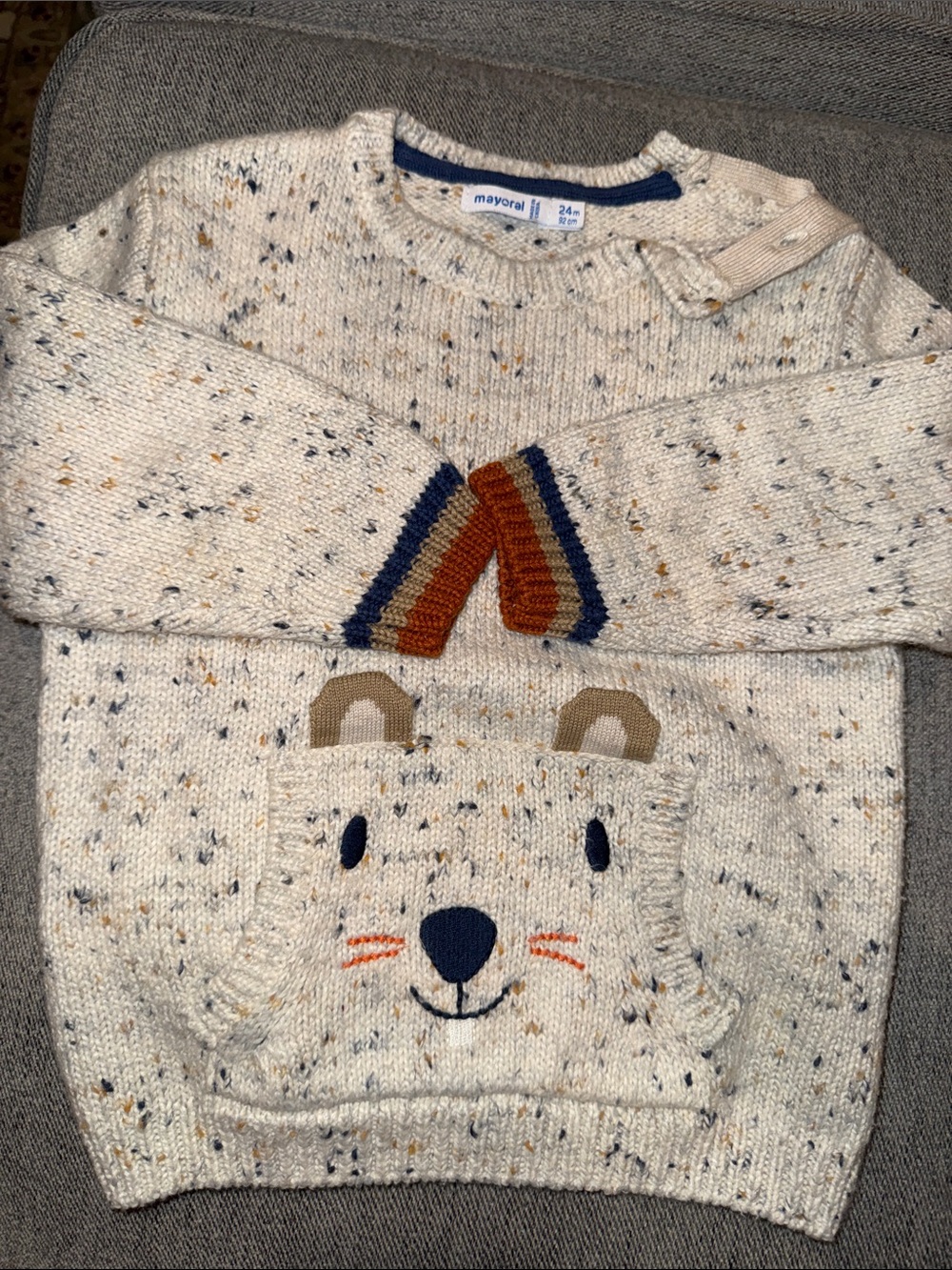 Mayoral Cream Speckled Bear Button Crewneck Sweater with Rust and Navy Accents